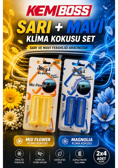 Kemboss Sarı Mavi Araç Klima Kokusu 2'li Set Mix Flower & Magnolia Vent Clip Oto Kokusu Sarı - Mavi Set