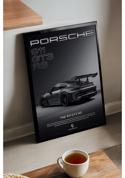 Porsche 911 Gt3 Rs Siyah Ahşap Çerçeveli Poster, Dekoratif Araba Duvar Tablosu