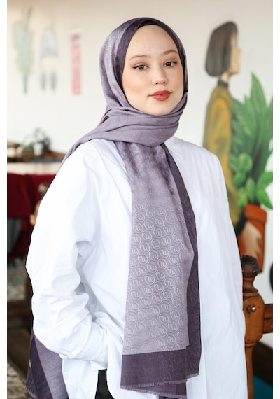 Premium Lux Original Monogram Şal İpek Vual, Yüksek Kalite, Hafif, Rahat, Şık, Tesettür, Shawl Mor