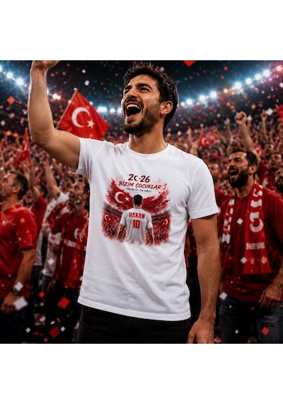 Bk Gift Kişiye Özel Türkiye Taraftar Temalı 2026 Dünya Kupası Tasarımlı Tişört-2, Tek Yürek Milli Takım Ruhu Beyaz