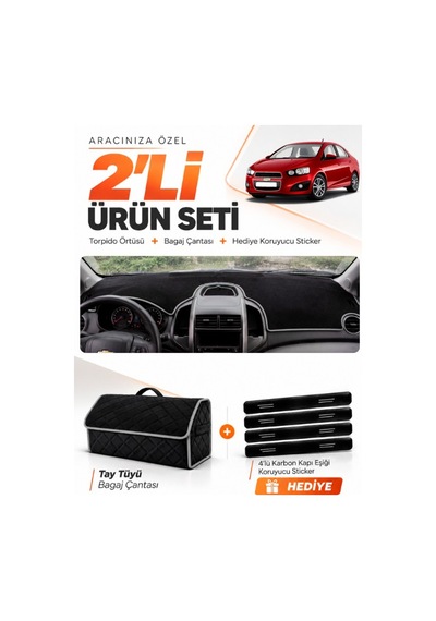 Chevrolet Aveo T300 2011-2015 Uyumlu Torpido Örtüsü + Tay Tüyü Bagaj Çantası Seti - Siyah Gri