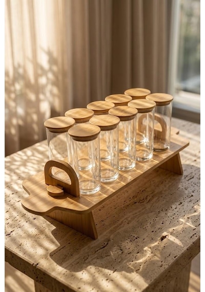 Atbyhome 33 Parça Bambu Standlı Cam Baharatlık Seti 10 Adet 250 Ml - Kaşıklı Vakum Kapaklı Baharat Takımı Kahverengi