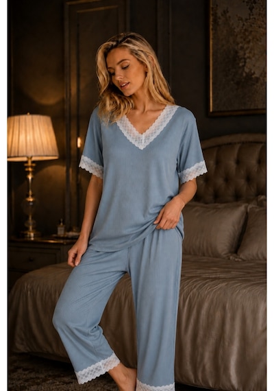 Elitol Fitilli Örme Dantel Detaylı Kadın Pijama Takımı Mavi-3