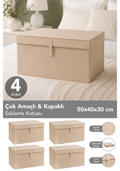 4'lü Set Maxi Boy Hurç - Çok Amaçlı Organizer Kapaklı Saklama Kutusu 50x40x30cm Bej