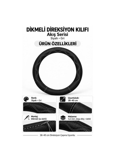 Trobus Ford Transit Connect 2002-2013 Uyumlu Dikmeli Direksiyon Kılıfı Akış Siyah Gri Siyah - Gri