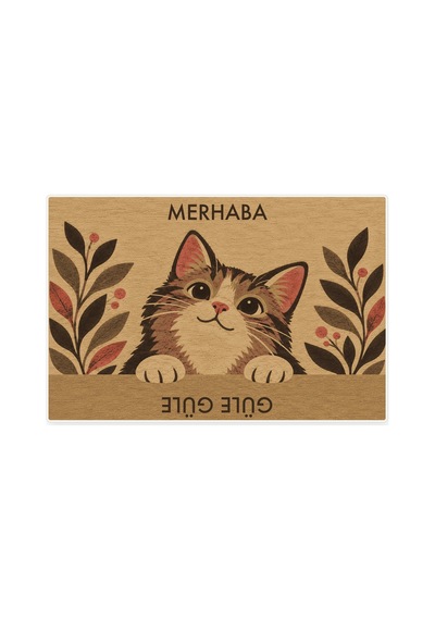 Kartela Halı Merhaba Güle Güle Kedili Kapı Paspası Koko Kaymaz Kauçuk Taban Yıkanabilir 40x60 Cm