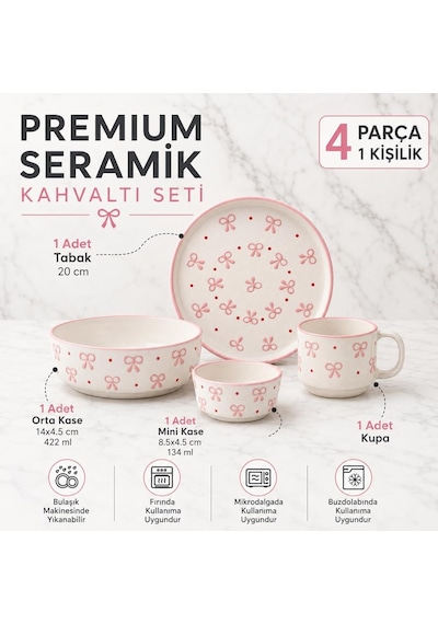 Seramik El Yapımı Kahvaltı Takımı 4 Parça Kahvaltı Seti Oval Seramik Sunum Tabağı Çeyizlik Takım, Pink Bow-k Diğer