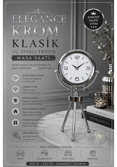 Elegance Krom Tripod Üç Ayaklı Metal Masa Saati