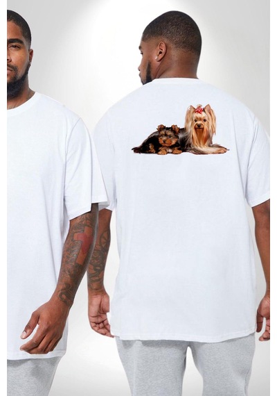 Angemiel Yorkshire Teacup Ve Anne Köpek Büyük Beden Beyaz Tişört Kadın Erkek Ünisex Sırt Baskılı Beyaz