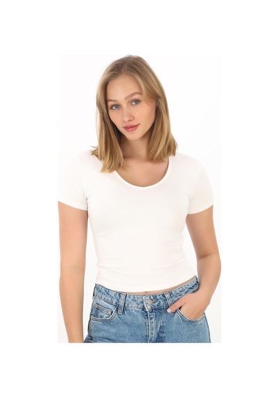 V Yaka Slim Fit Crop Tişört-ekru Ekru