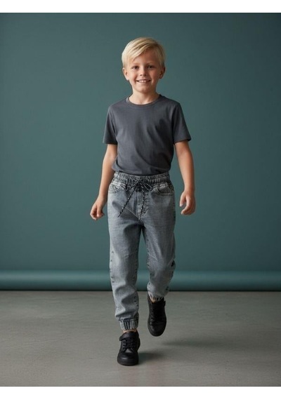 Zekids Erkek Çocuk Yumuşak Dokulu Beli Paçası Lastikli Kot Pantolon-16661 Mavi