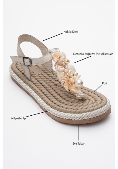 Luvishoes Mıel Bej Deniz Kabuklu Hakiki Deri Kadın Parmak Arası Sandalet Bej