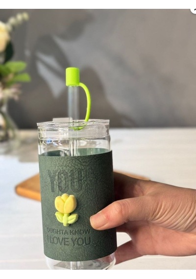 Minnoş 350ml Cam Pipetli Bardak Kapaklı Süet Kılıflı Soğuk Kahve Smoothie Sunum Bardağı B