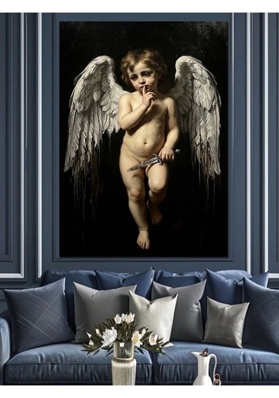 Kanatlı Küçük Aşk Meleği Cupid Dekoratif Kanvas - Mdf Ahşap Tablo