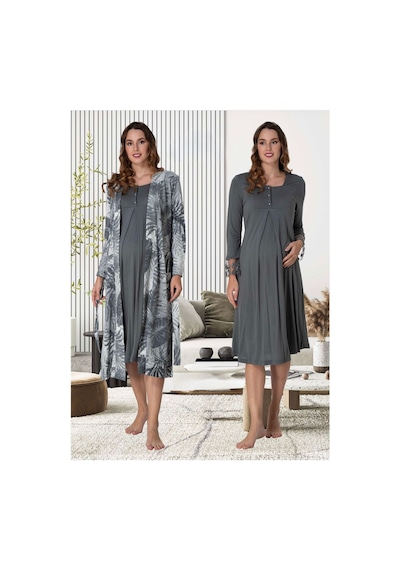 Lohusa Homewear Kadın Füme Desenli Uzun Kollu Pamuklu Hamile Lohusa Sabahlık Gecelik 2'li Set Füme