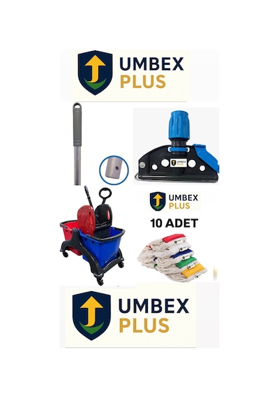 Umbex Çift Kovalı Plastik Temizlik Arabası Paspas Arabası Islak Mop Seti 10 Islak Mop