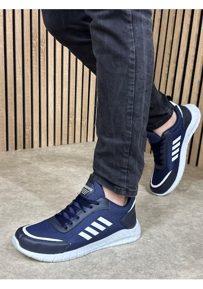Günlük Erkek Sneaker Fileli Bağcıklı Rahat Esnek Dikiş Detaylı Yürüyüş Spor Ayakkabı 1453 Lacivert