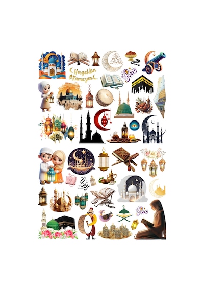 46 Adet Ramazan Ayı Sticker Seti - Etiket Seti Scrapbook Bullet Journal Çok Renkli
