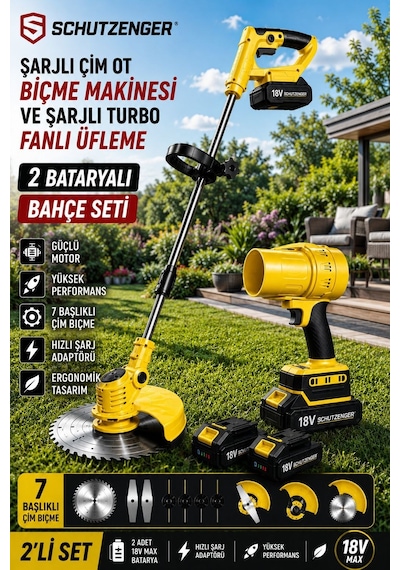 Schutzenger 543RN 2 Akülü Şarjlı Turbo Fan Üfleme Makinesi Ve Şarjlı Ot Çim Biçme Makinesi 7 Başlıklı Tırpan Set Sarı
