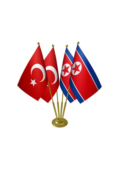 Masa Üstü Kuzey Kore Bayrağı Türk Bayrağı Dörtlü Pirinç Direk Mas