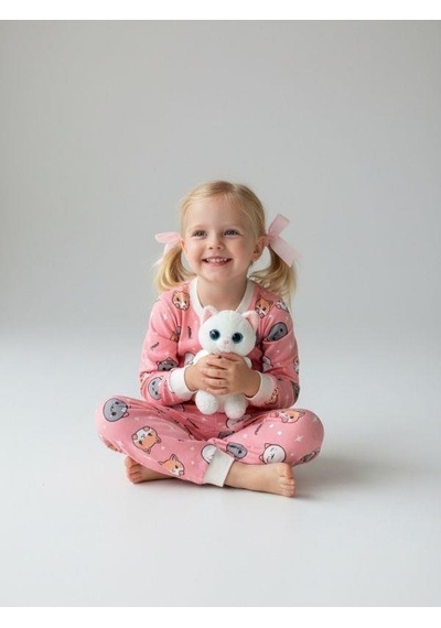 Kız Çocuk Kedi Baskılı Pamuklu Pijama Takımı-16832 Renkli