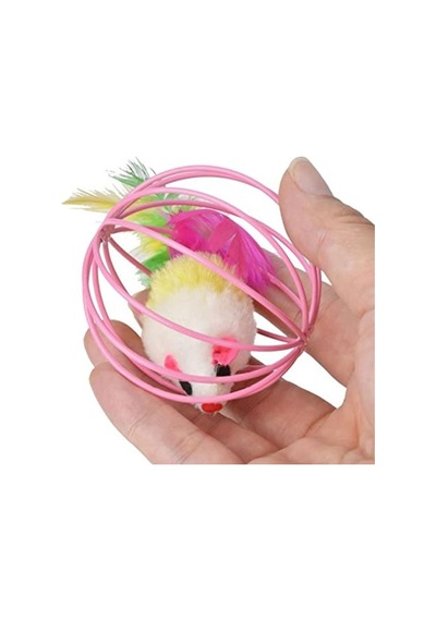 Peluş Fareli Kedi Köpek Oyuncağı, Metal Kafesli, 6 Cm