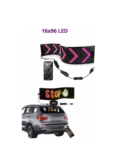 Cama Yapışan En Büyük Boy 16x96 Telefon Kontrollü Led Ekran Digital Araba Yazısı - Lisinya Çok Renkli