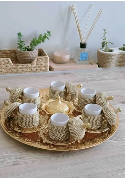 Ceyyiz Osmanlı Motifli 6 Kişilik Türk Kahve Seti - Sarı Beyaz Taşlı