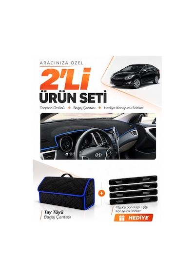 Hyundai İ40 2011-2017 Uyumlu Torpido Örtüsü + Tay Tüyü Bagaj Çantası + Sticker Seti - Siyah Mavi