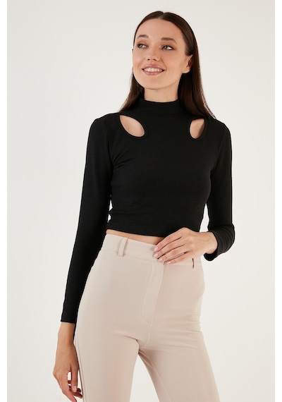 Lela Esnek Slim Fit Cut Out Pencereli Dik Yaka Crop Bayan Bluz 5865348 Siyah