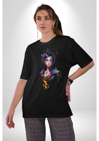 Süper Robot Kız Sulu Boya Pamuklu Bisiklet Yaka Unisex Oversize Boyfriend Dijital Baskılı Siyah T-shirt Siyah