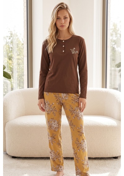 Siyah İnci Düğmeli Pamuklu Likralı Örme Pijama Takım26240362 Kahverengi