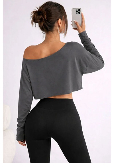 Kadın Düşük Omuz Kayık Yaka Oversize Uzun Kollu Crop T-shirt Antrasit