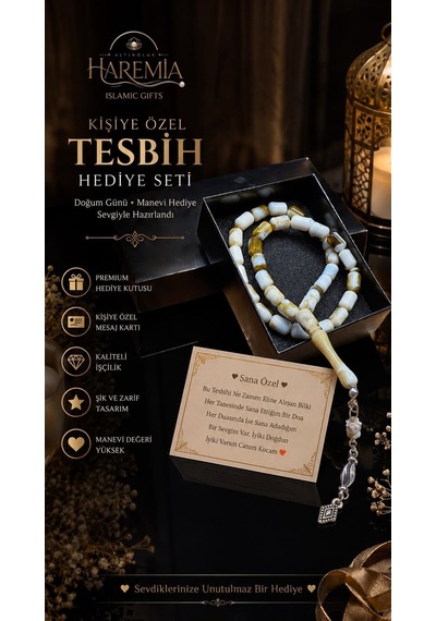 Özel Kutulu Toz Kehribar Tesbih 33 Lük Plastik Kişiye Özel Notlu Hediyelik Beyaz Siyah