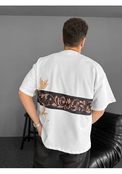 Ön Ve Arka Baskılı Oversize Bisiklet Yaka T-shirt - Beyaz Çok Renkli