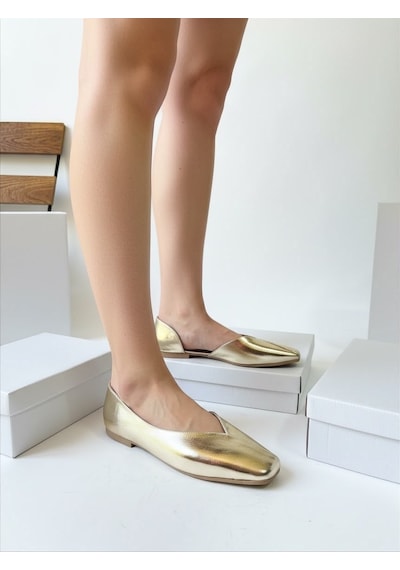 Dabab Shoes Dante Kadın Gold Kırışık Rugan Kare Burun Düz Taban Günlük Casual Babet Ayakkabı Altın