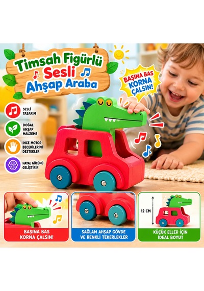 Timsah Figürlü Sesli Ahşap Araba Kırmızı