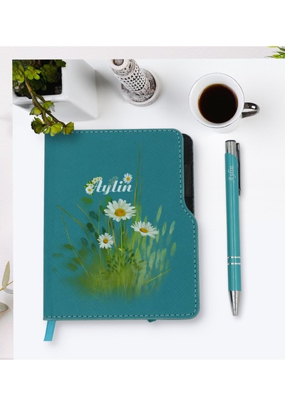 Kişiye Özel Papatya Temalı Turkuaz Termo Deri Defter Kalem Seti-1 N11.4155
