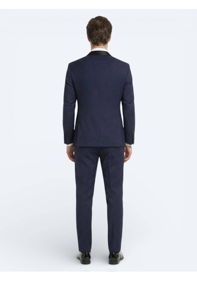 Kip Saks Düz Slim Fit Kruvaze Yaka Dokuma Smokin Takım Elbise Saks