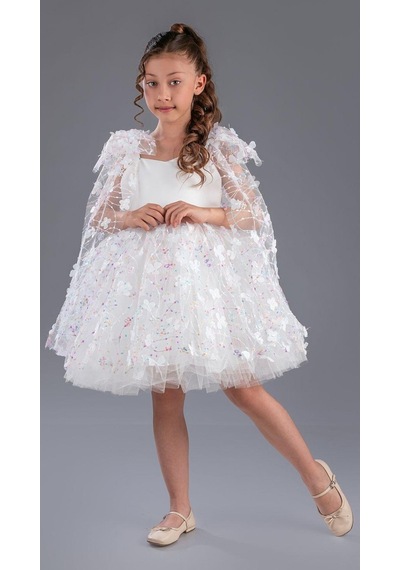 Mnk Baby & Kids Çiçek Brode Desen İmeros Kız Abiye M00736 Beyaz