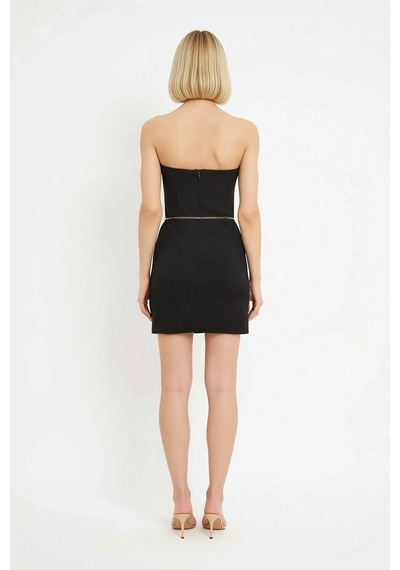 Benerly Kadın Straplez Mini Elbise Zincirli Detaylı Bodycon Kesim Esnek D Siyah