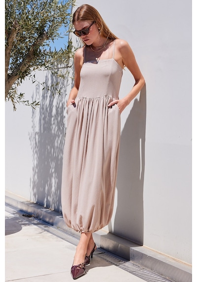 Bigdart 2492 Askılı Örme Salopet Elbise - Bej 001
