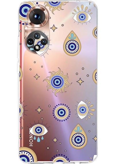 Huawei Honor 50 İle Uyumlu 1mm Slim Fit Nazar Boncuğu 5 Baskılı Şeffaf Kılıf Şeffaf