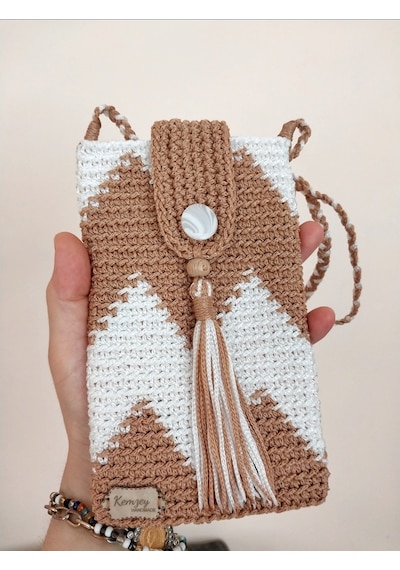 Kemzey Handmade Wayuu Telefon Çantası, El Yapımı Örgü Telefon Çantası Beyaz - Açık Camel