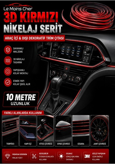 3d Kırmızı Nikelaj Şerit 10 Metre Torpido Trim Çıtası
