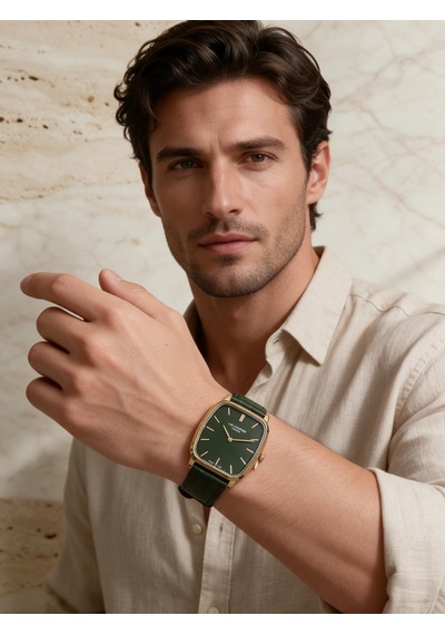 Lee Cooper Haki Deri Kayış Yeşil Kadran 32 Mm Dikdörtgen Erkek Kol Saati, Bileklik Hediyeli Gold