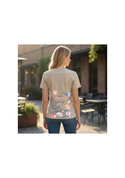 Urbantrendstore Unisex Çiçek Desen Flowers Oversize Fit Rahat Geniş Salaş T-shirt Günlük Tişört Bej