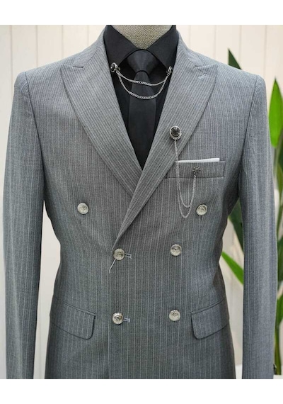 Beystil Sivri Yaka Gri Çizgili Kruvaze Takım Elbise Bezayak036- Slim Fit Gri