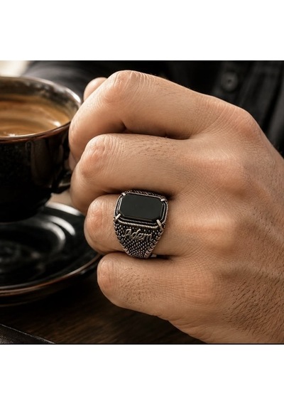 Simurg Jewellery 925 Ayar Gümüş İsimli Oniks Taşlı Erkek Yüzük