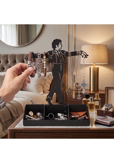 Mens Jewelry Stand & Organizer Flamenco Dancer Valet Tray For Cufflinks, Rings, Watches Black Metal Desk Accessory Gift For Hi Siyah